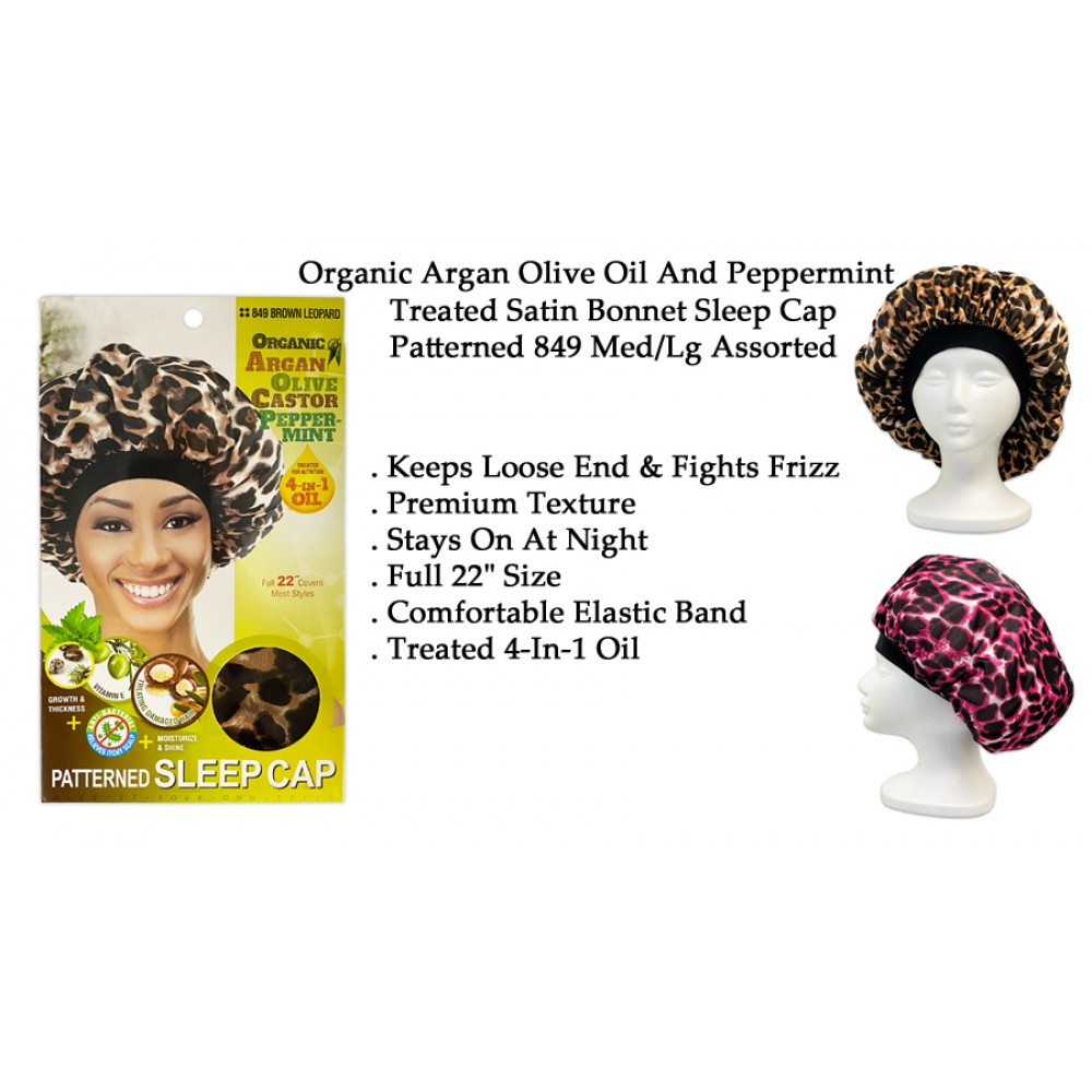 Ebo Organic Argan Olive Oil And Peppermint Treated Satin Bonnet Sleep Cap Patterned 849