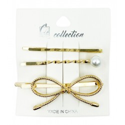 Ebo Fashion Pearl Hair Clip Bow Style 3 Pcs Gold