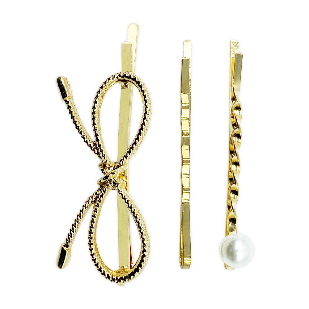 Ebo Fashion Pearl Hair Clip Bow Style 3 Pcs Gold