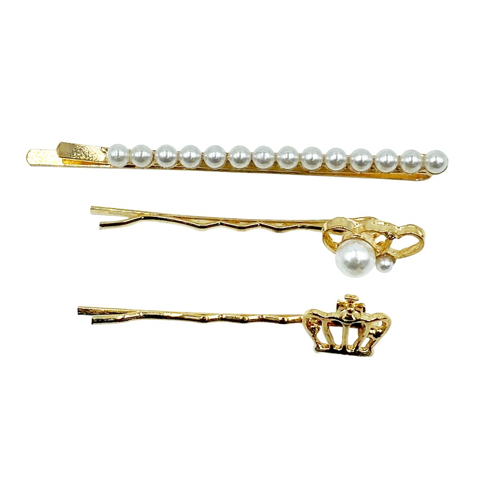 Ebo Fashion Pearl Hair Clip Crown Style 3 Pcs Gold
