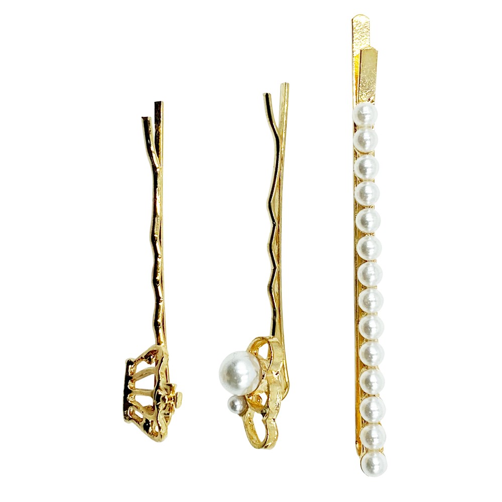 Ebo Fashion Pearl Hair Clip Crown Style 3 Pcs Gold
