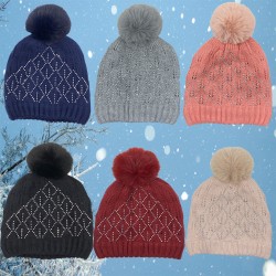 Ebo Fashion Solid And Multi Color Rhinestone Winter Beanie With Faux Fur Pom With Lining Warm Feeling For Cold Weather Style A Ebo Fashion Solid And Multi Color Rhinestone Winter Beanie With Faux Fur Pom With Lining Warm Feeling For Cold Weather Style A