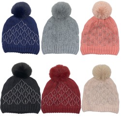 Ebo Fashion Solid And Multi Color Rhinestone Winter Beanie With Faux Fur Pom With Lining Warm Feeling For Cold Weather Style A