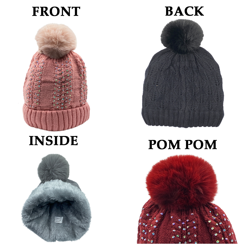 Free Shipping Ebo Fashion Solid And Multi Color Rhinestone Winter Beanie With Faux Fur Pom With Lining Warm Feeling For Cold Weather Style 2