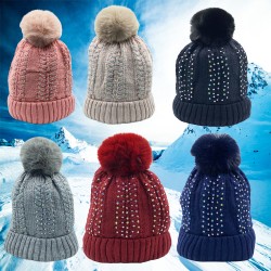 Ebo Fashion Solid And Multi Color Rhinestone Winter Beanie With Faux Fur Pom With Lining Warm Feeling For Cold Weather Style B Ebo Fashion Solid And Multi Color Rhinestone Winter Beanie With Faux Fur Pom With Lining Warm Feeling For Cold Weather Style B