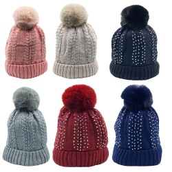 Ebo Fashion Solid And Multi Color Rhinestone Winter Beanie With Faux Fur Pom With Lining Warm Feeling For Cold Weather Style B