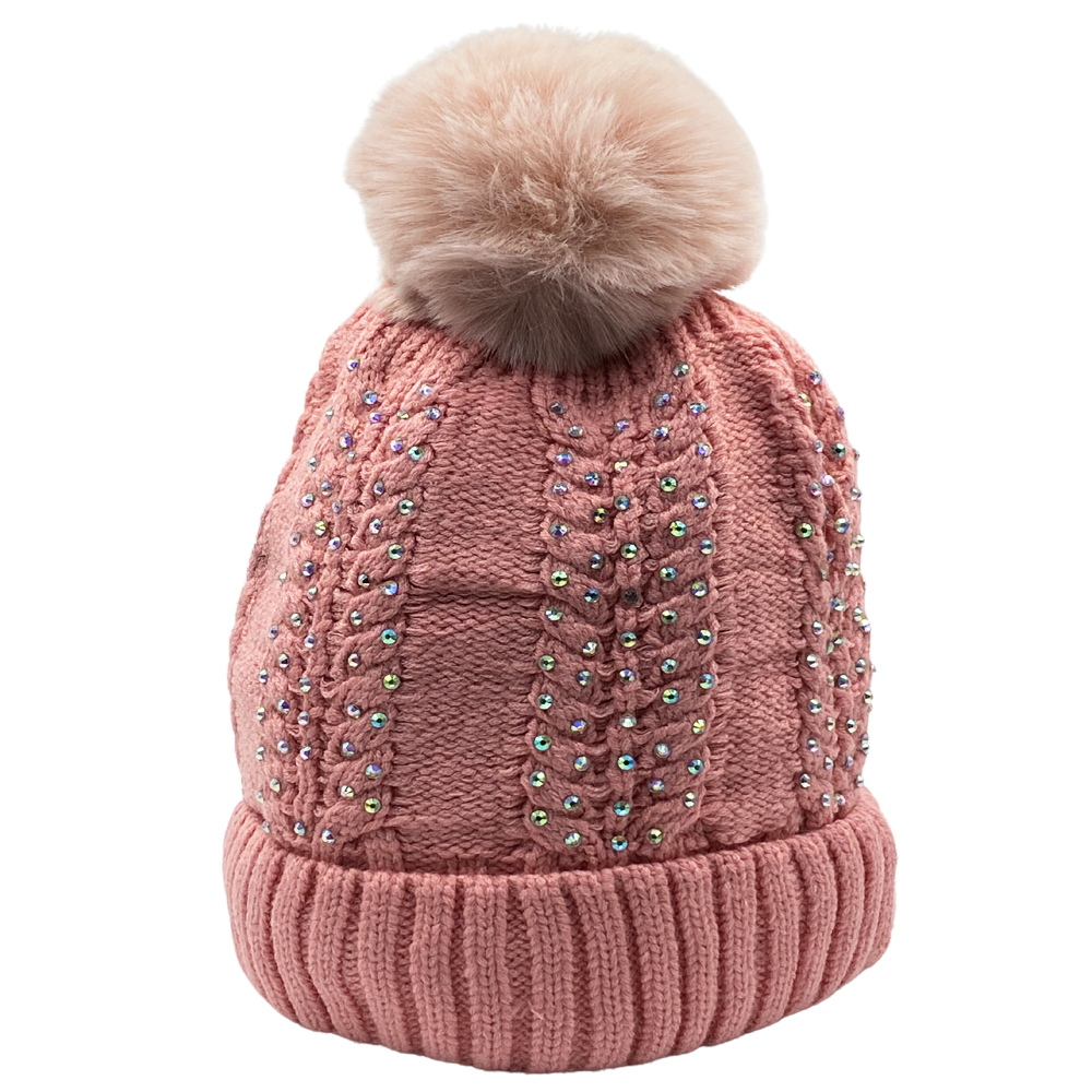 Free Shipping Ebo Fashion Solid And Multi Color Rhinestone Winter Beanie With Faux Fur Pom With Lining Warm Feeling For Cold Weather Style 2