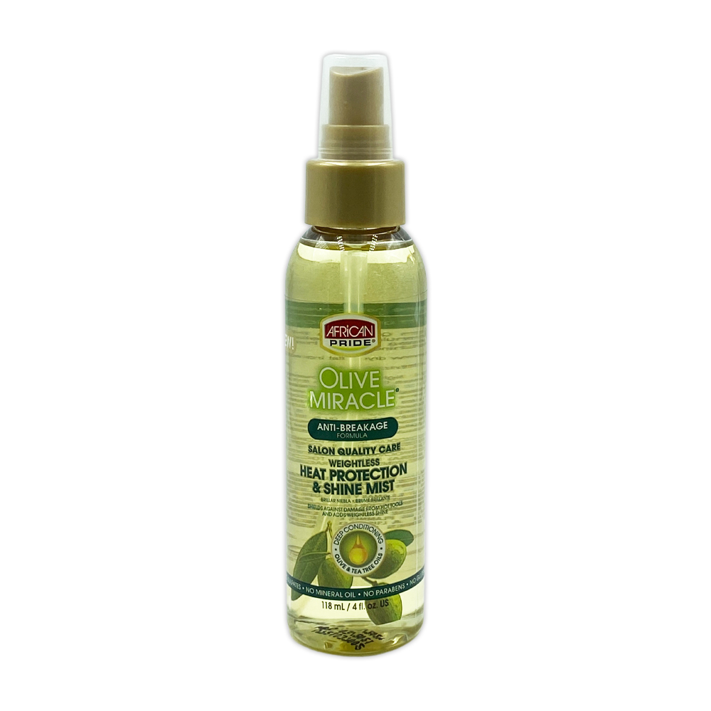 African Pride Olive Miracle Anti Breakage Formula Heat Protection Weightless And Shine Mist 4 Oz