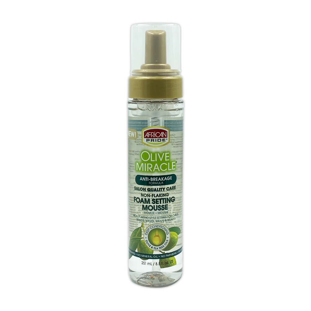 African Pride Olive Miracle Anti Breakage Formula Non Flaking Foam Setting Mousse 8.5 Oz