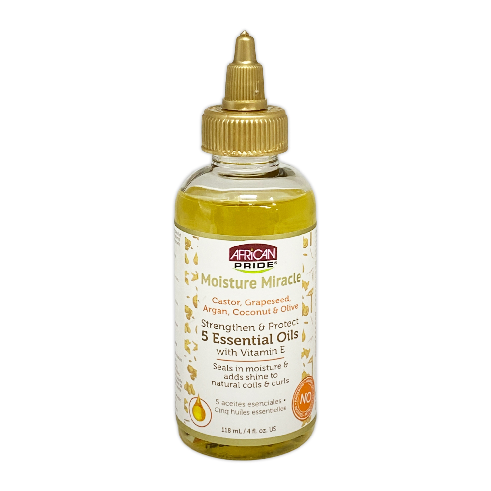 African Pride Moisture Miracle Castor Grapeseed Argan Coconut And Olive Strengthen And Protect 5 Essential Oils With Vitamin E 4 Oz