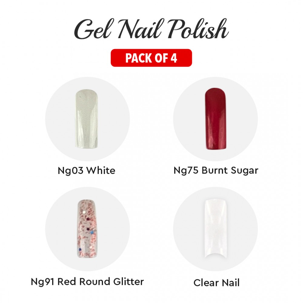 Free Shipping Ebo Gel Nail Polish Long Lasting Gel Set 4 color White,  Burnt Sugar, Red Round Glitter & Top Coat