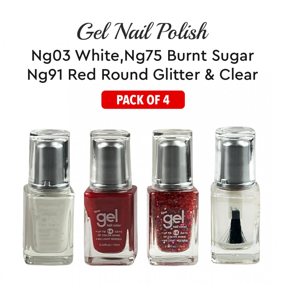 Free Shipping Ebo Gel Nail Polish Long Lasting Gel Set 4 color White,  Burnt Sugar, Red Round Glitter & Top Coat