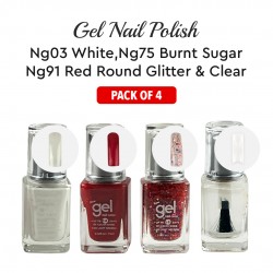 Ebo Gel Nail Polish Long Lasting Gel Set 4 Color White,  Burnt Sugar, Red Round Glitter & Top Coat
