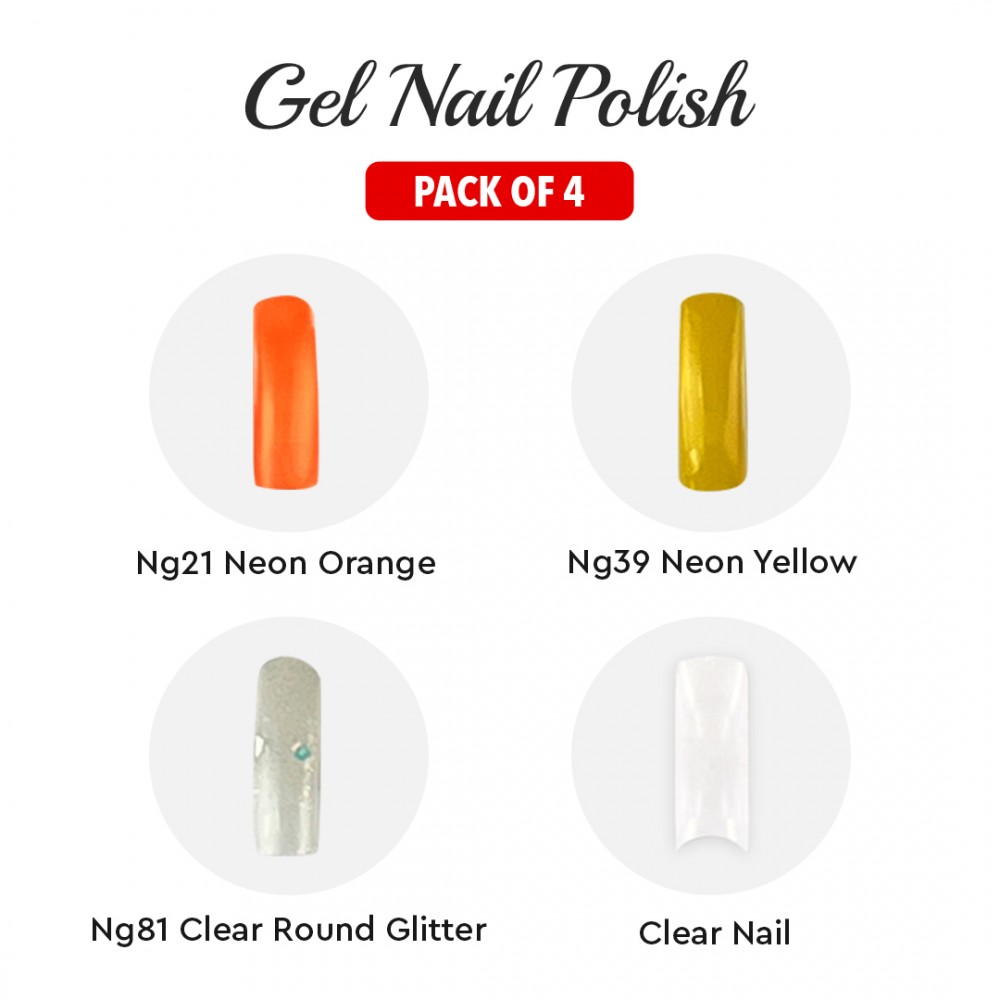 Free Shipping  Ebo Gel Nail Polish Long Lasting Gel Set 4 color Neon Orange, Clear Round Glitter, Neon Yellow & Top Coat