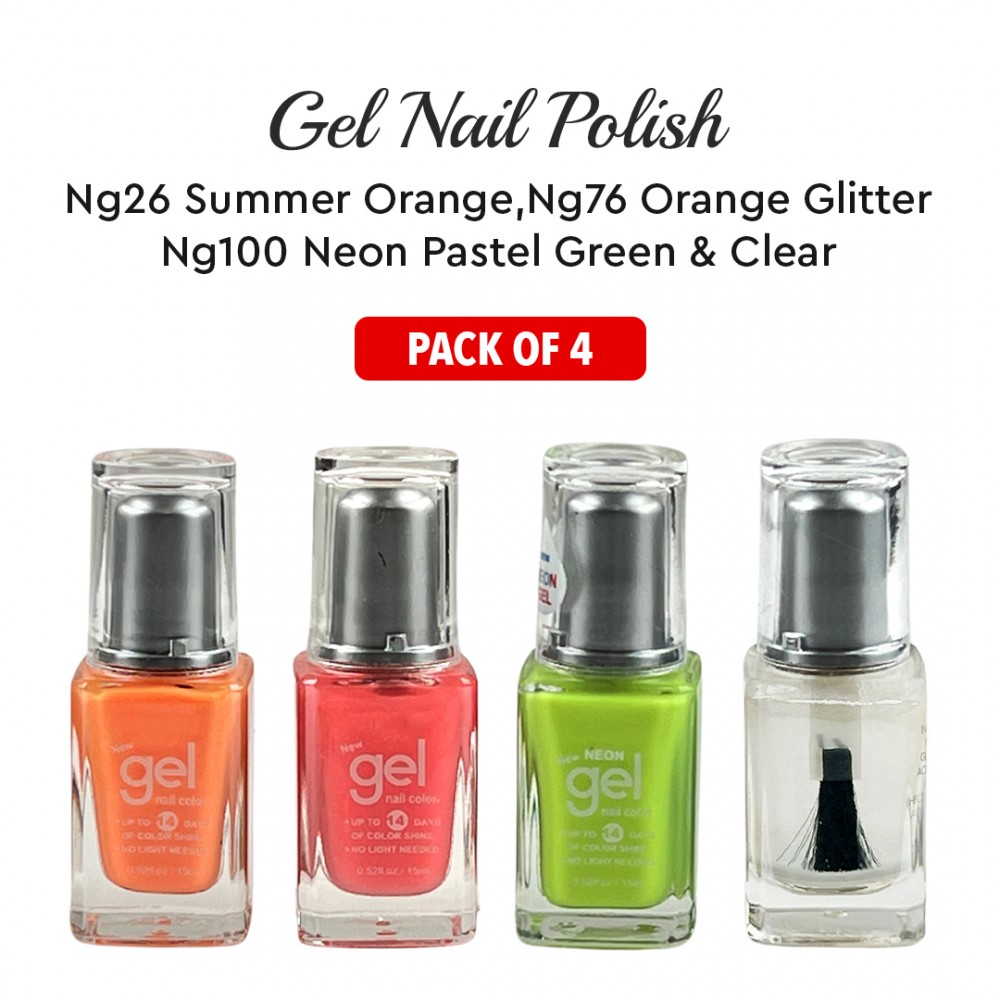 Free Shipping Ebo Gel Nail Polish Long Lasting Gel Set 4 color Orange Glitter, Summer Orange, Neon Pasyel & Top Coat