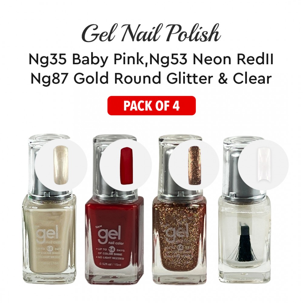 Free Shipping Ebo Gel Nail Polish Long Lasting Gel Set 4 color Baby Pink, Neon Red ll Gold Round Glitter & Top Coat