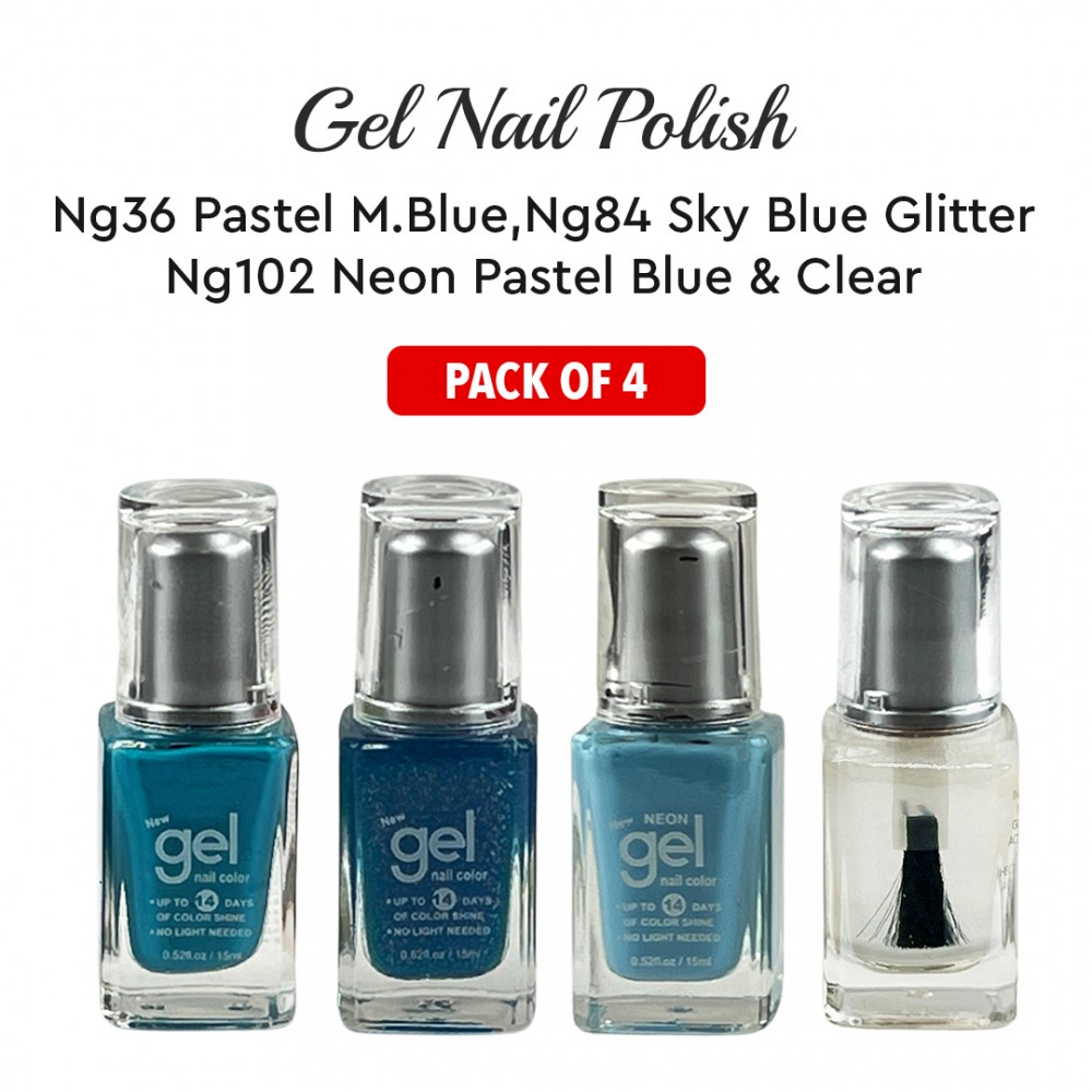 Free Shipping Ebo Gel Nail Polish Long Lasting Gel Set 4 color Pastel M Blue Neon Pasyel Blue, Sky Blue Glitter & Top Coat