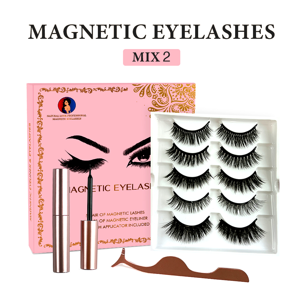 Free Shipping Natural Look Magnetic False Eyelashes With Eyeliner And Applicator 5 Pair Eyelashes Kit MIX2