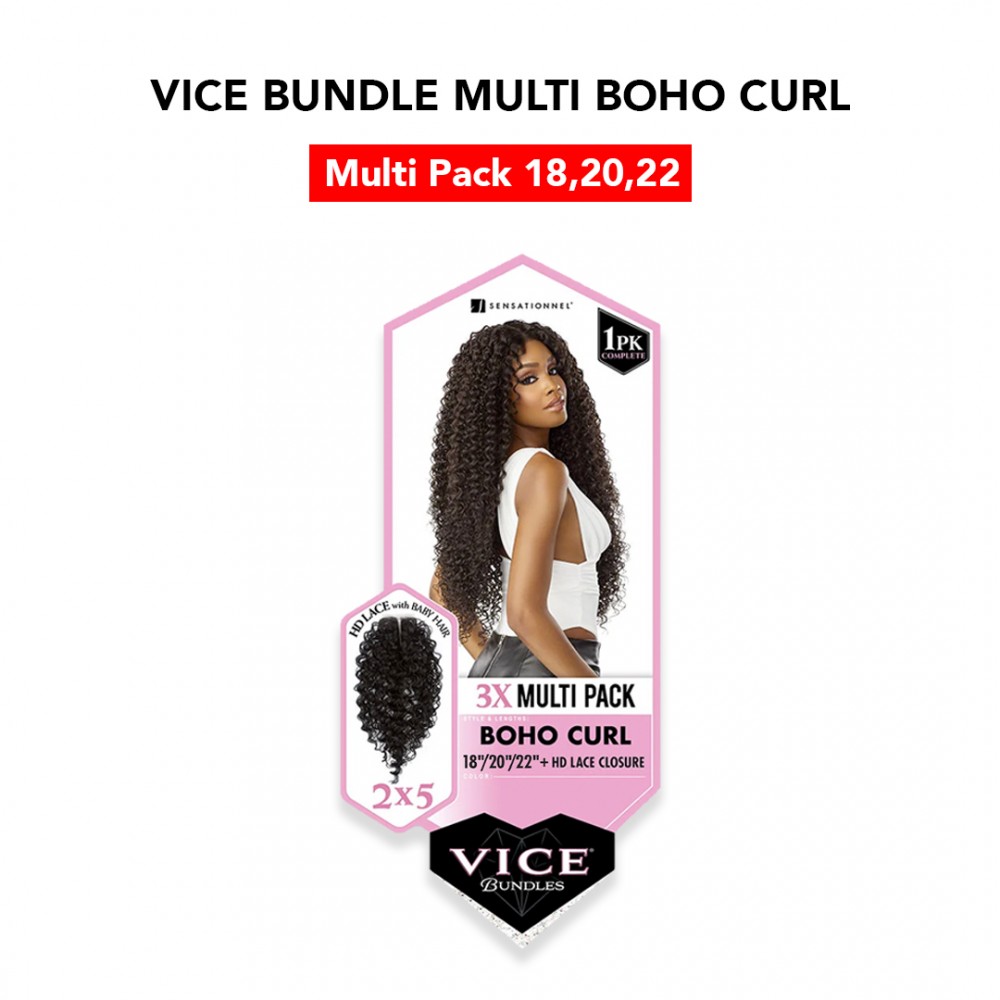 Free Shipping Sensationnel Vice Bundles 3X Multi Bundle Weaving Premium Hair with 2x5 Lace Closure Multi Boho Curl ( 18" 20" 22" Inch )