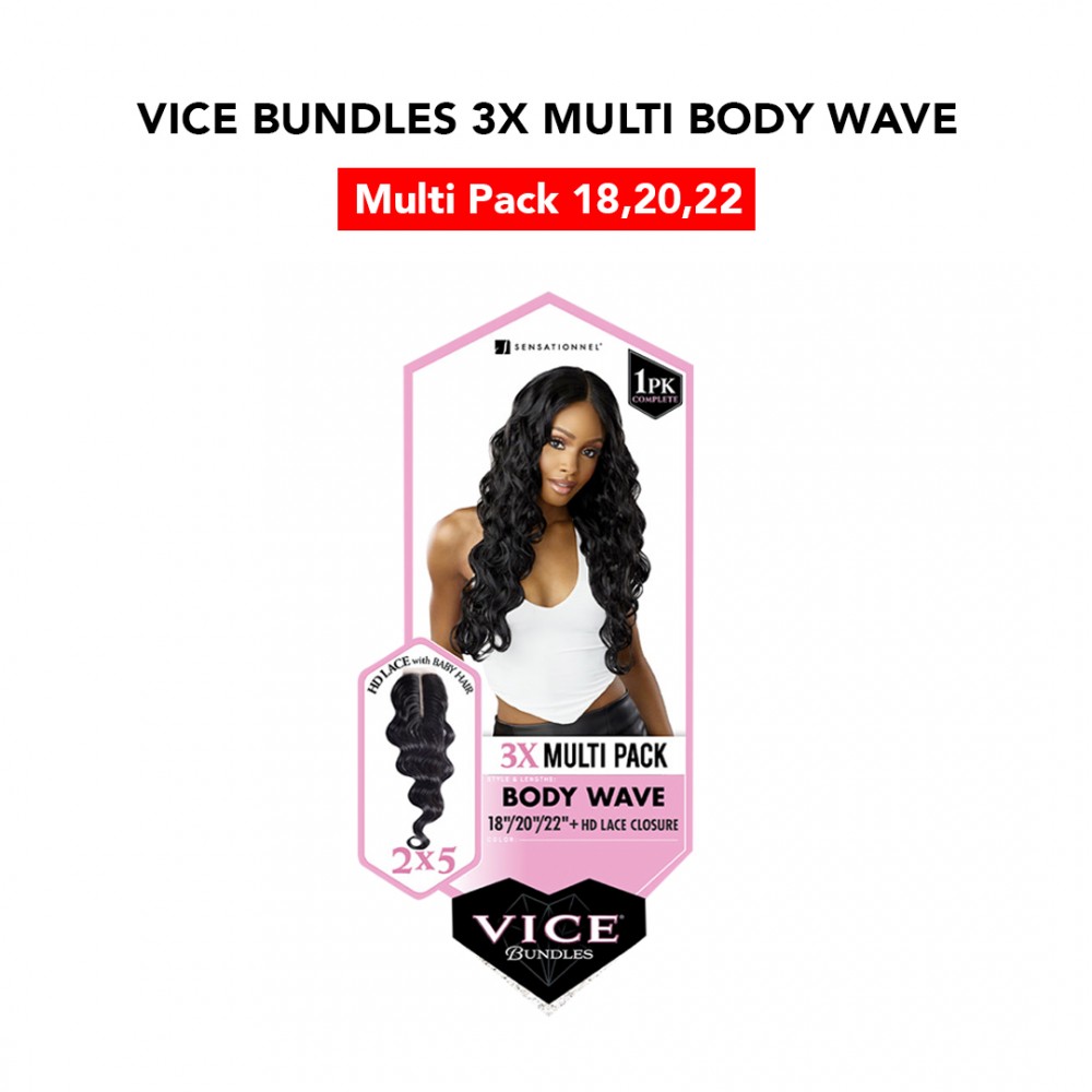 Free Shipping Sensationnel Vice Bundles 3X Multi Bundle Weaving Premium Hair with 2x5 Lace Closure Multi Body Wave ( 18" 20" 22" Inch )