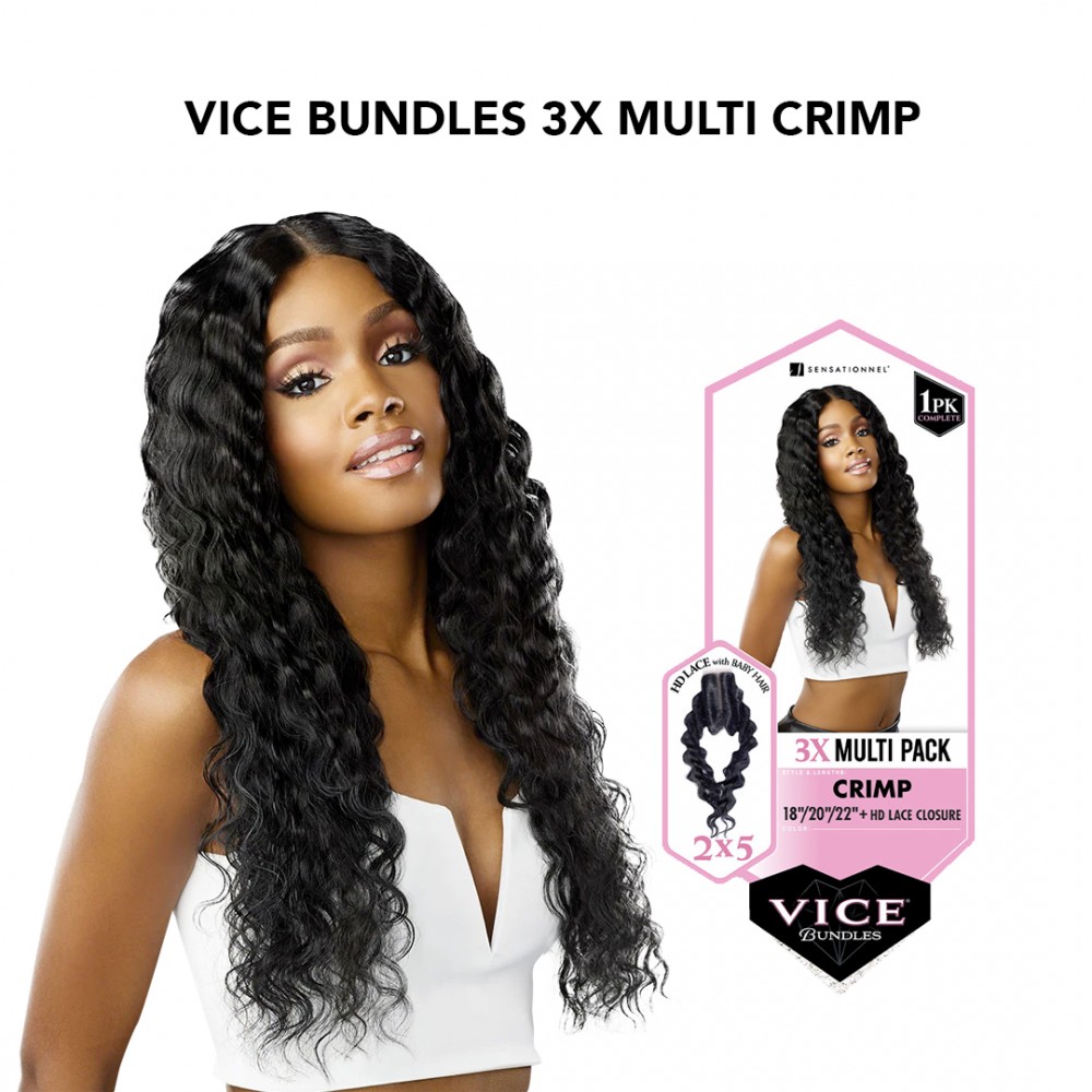 Free Shipping Sensationnel Vice Bundles 3X Multi Bundle Weaving Premium Hair with 2x5 Lace Closure Multi Crimp ( 18" 20" 22" Inch )