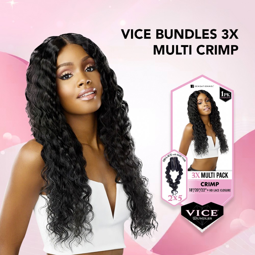 Free Shipping Sensationnel Vice Bundles 3X Multi Bundle Weaving Premium Hair with 2x5 Lace Closure Multi Crimp ( 18" 20" 22" Inch )