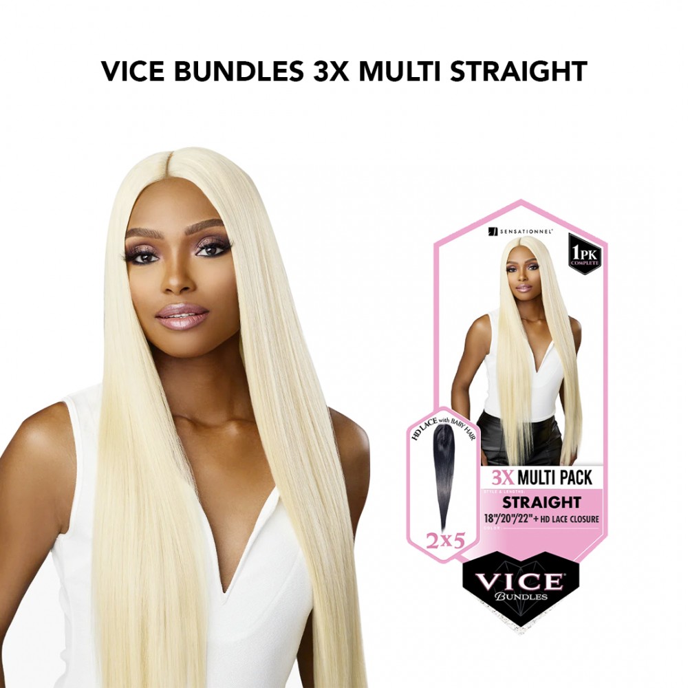 Free Shipping Sensationnel Vice Bundles 3X Multi Bundle Weaving Premium Hair with 2x5 Lace Closure Multi Straight ( 18" 20" 22" Inch )