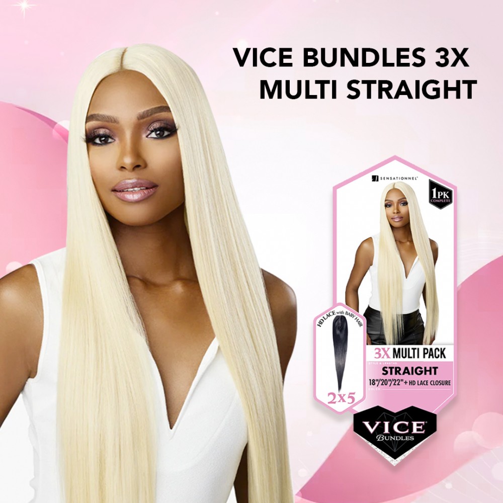Free Shipping Sensationnel Vice Bundles 3X Multi Bundle Weaving Premium Hair with 2x5 Lace Closure Multi Straight ( 18" 20" 22" Inch )