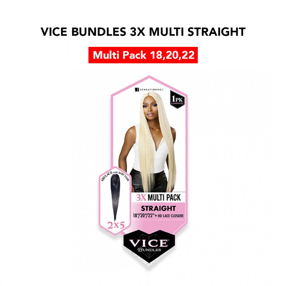 Free Shipping Sensationnel Vice Bundles 3X Multi Bundle Weaving Premium Hair with 2x5 Lace Closure Multi Straight ( 18" 20" 22" Inch )