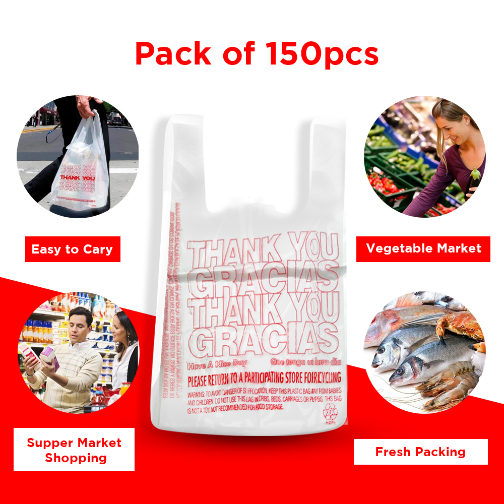 Free Shipping Ebo Thank You Have a Nice Day Plastic Disposable and Reusable Standard Supermarket, Grocery, T-shirt Bag (11.5” x 6.5" Inch) - Pack of 150 pcs