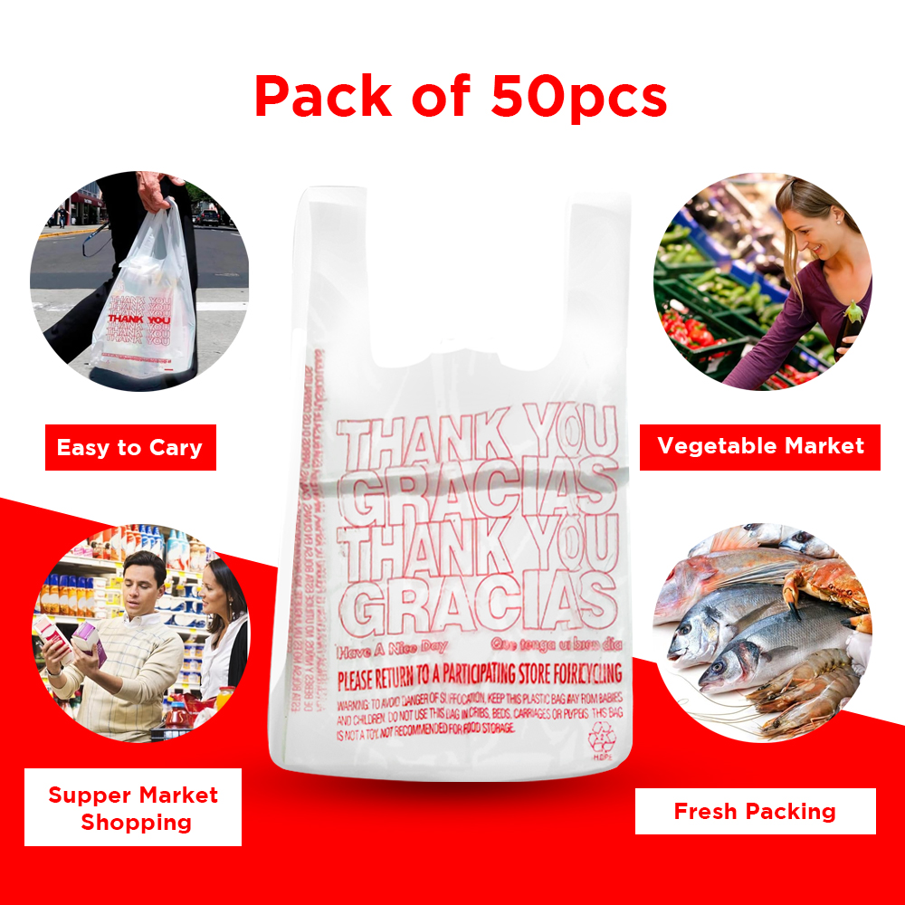 Free Shipping Ebo Thank You Have a Nice Day Plastic Disposable and Reusable Standard Supermarket, Grocery, T-shirt Bag (11.5” x 6.5" Inch) - Pack of 50 pcs