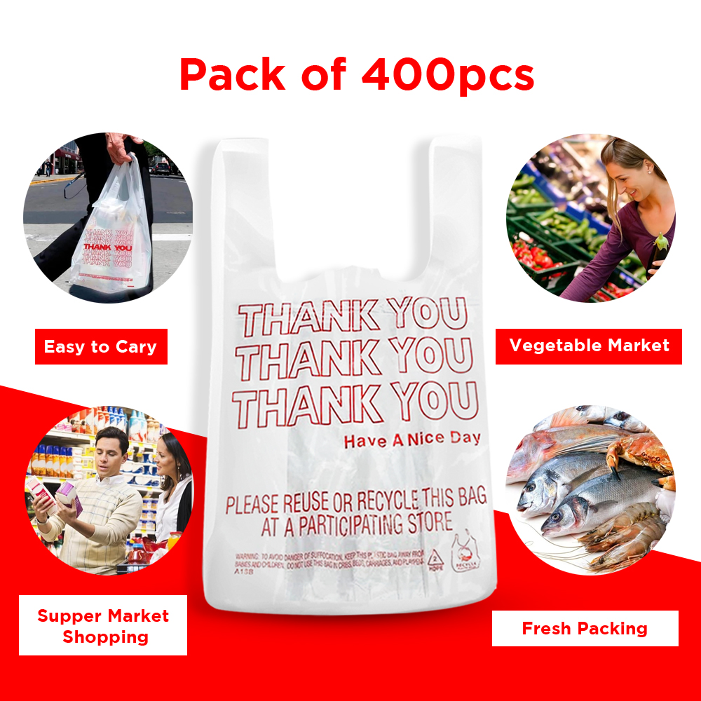 Free Shipping Ebo Thank You Have a Nice Day Plastic Disposable and Reusable Standard Supermarket, Grocery, T-shirt Bag (7” x 5" Inch) - Pack of 400 pcs