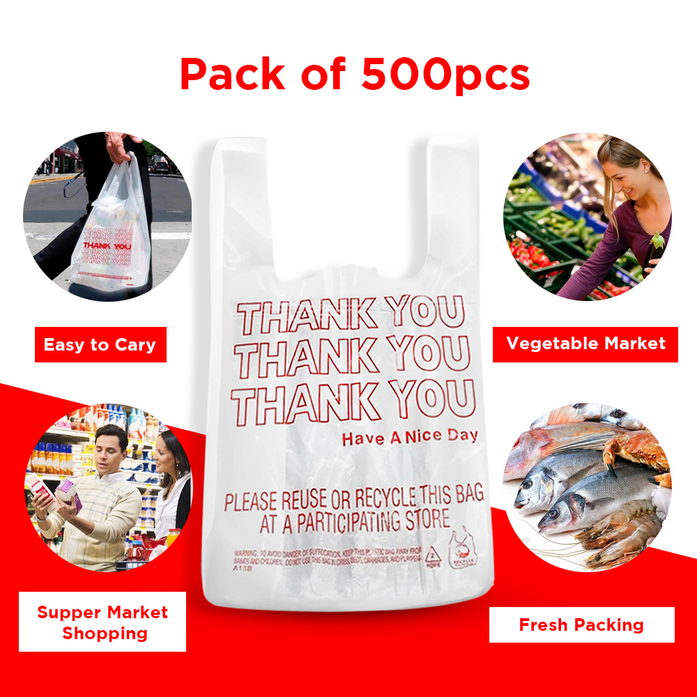 Free Shipping Ebo Thank You Have a Nice Day Plastic Disposable and Reusable Standard Supermarket, Grocery, T-shirt Bag (7” x 5" Inch) - Pack of 500 pcs
