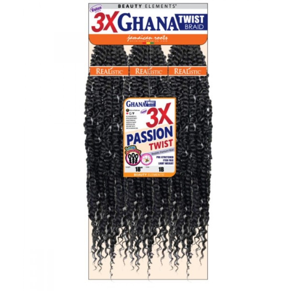 Beauty Elements Ghana Twist Synthetic Hair Crochet Braid Loop 3x Pre Stretched Passion Twist 18”