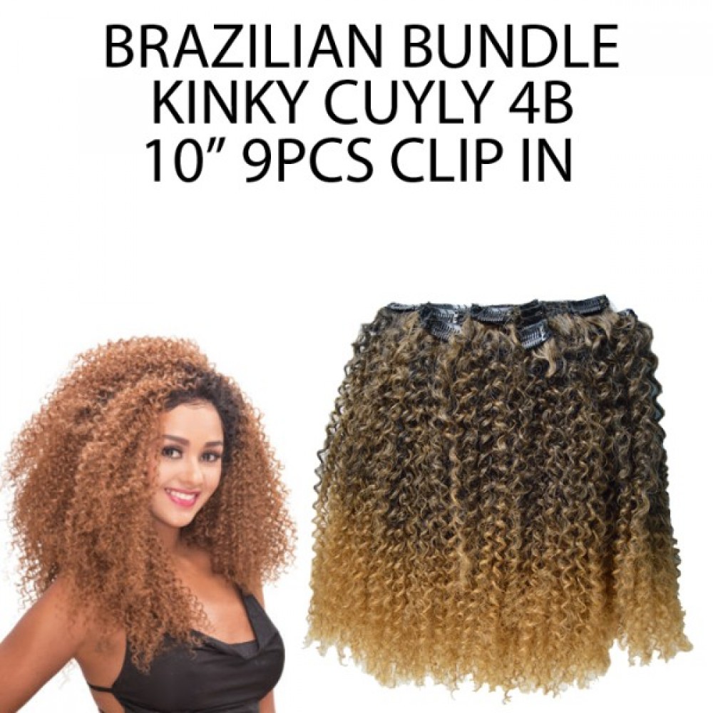 Ebo Brazilian Bundle 100% Human Hair & Premium Mix Clip In Extension Kinky Curly 10” 4b 9 Pcs