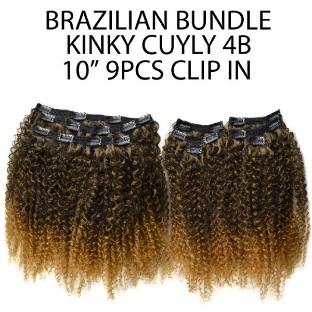 Ebo Brazilian Bundle 100% Human Hair & Premium Mix Clip In Extension Kinky Curly 10” 4b 9 Pcs