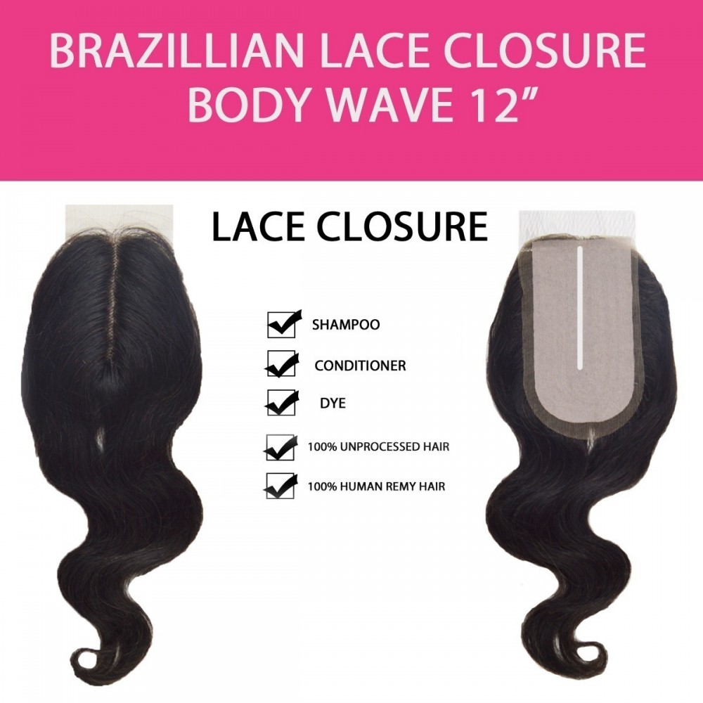 Brazilian 100% Remy Human Hair Silk Lace Closure Body Wave 12" Brazilian 100% Remy Human Hair Silk Lace Closure Body Wave 12