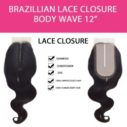 Brazilian 100% Remy Human Hair Silk Lace Closure  Body Wave 12"