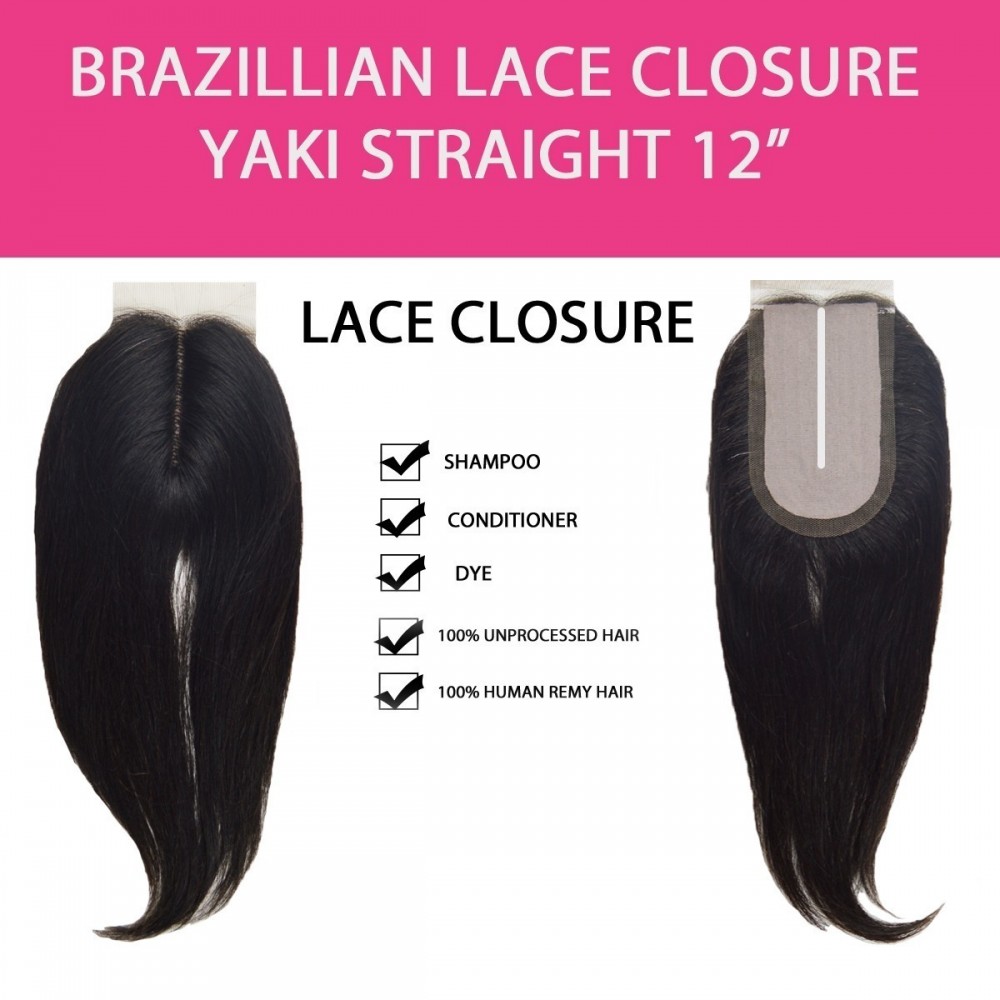 Brazilian 100% Remy Human Hair Silk Lace Closure Straight 12