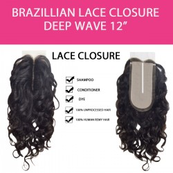 Brazilian 100% Remy Human Hair Silk Lace Closure  Deep Wave 12"
